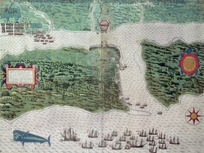 Map Depicting the Destruction of the Spanish Colony of St. Augustine in Florida on 7th July 1586 by the English Fleet Commanded by Sir Francis Drake by Baptista Boazio